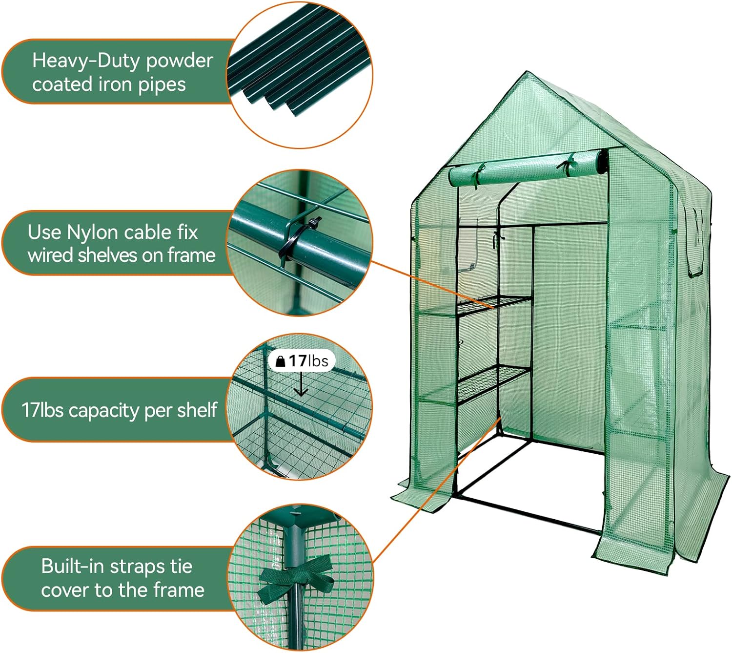 Grandhom Walk-In Greenhouse with Shelves, 3-Tier, PE Cover, 143x73x195cm, Stable