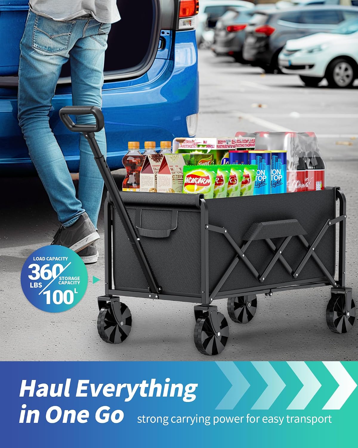Festival Trolley 100L Folding Wagon Camping Garden Cart Black Wheels Kitsure