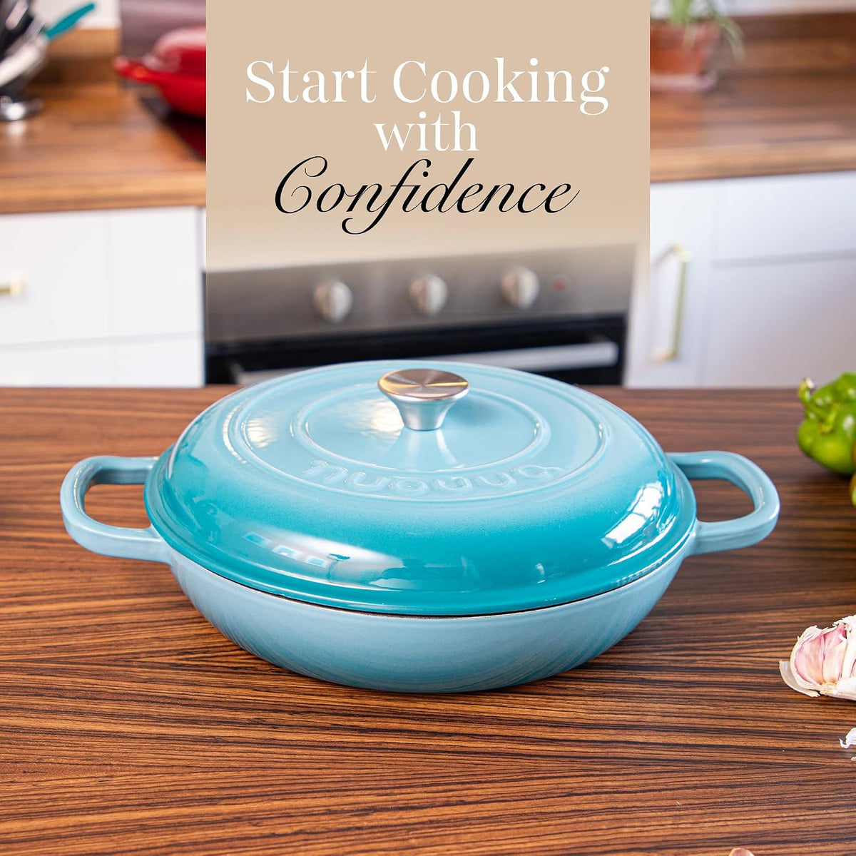 Cast Iron Casserole 4.7L 32cm Shallow Dutch Oven Enamelled Blue with Lid Nuovva