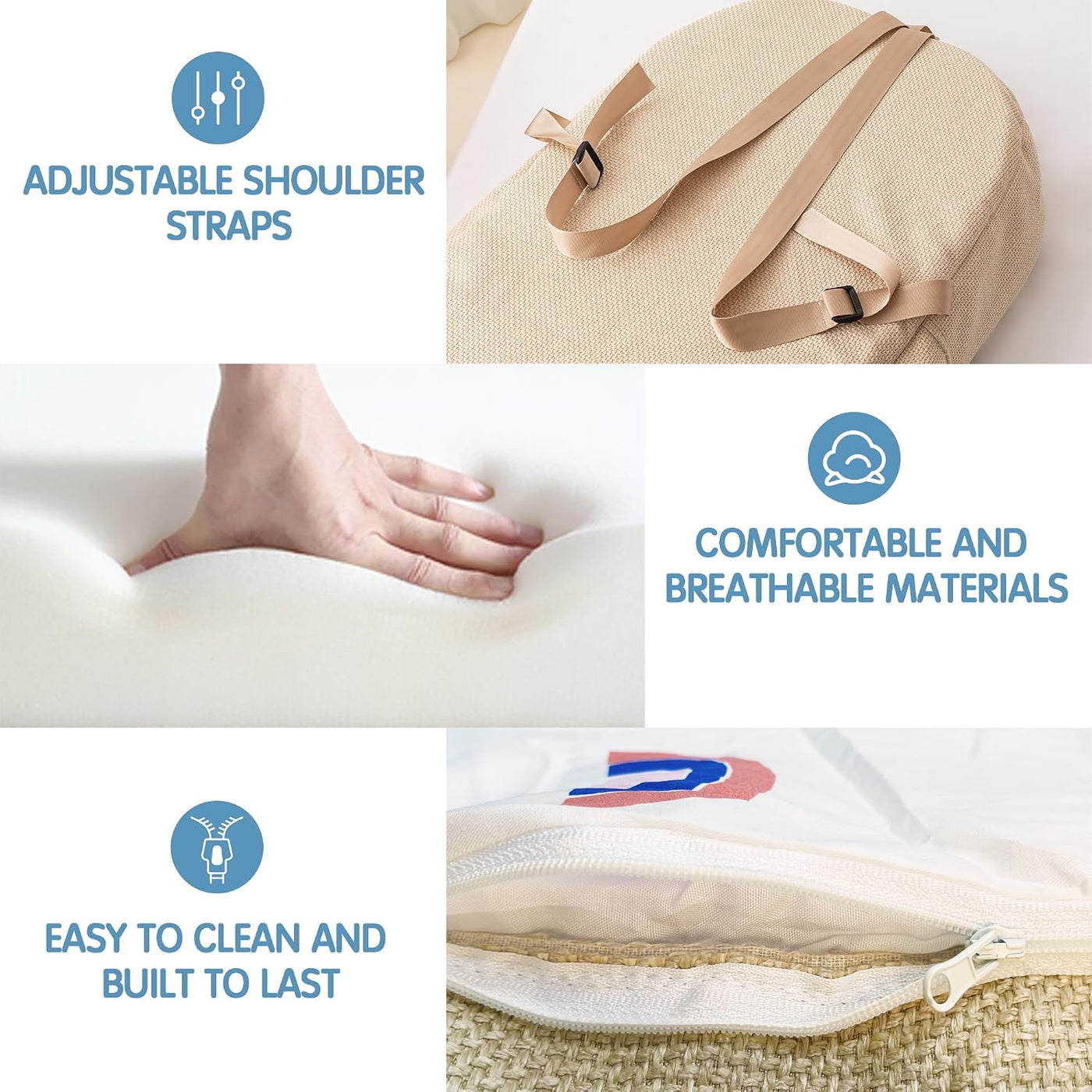 Beige bag with adjustable shoulder straps, foot on a white surface, and a close-up of a zipper on a beige bag.