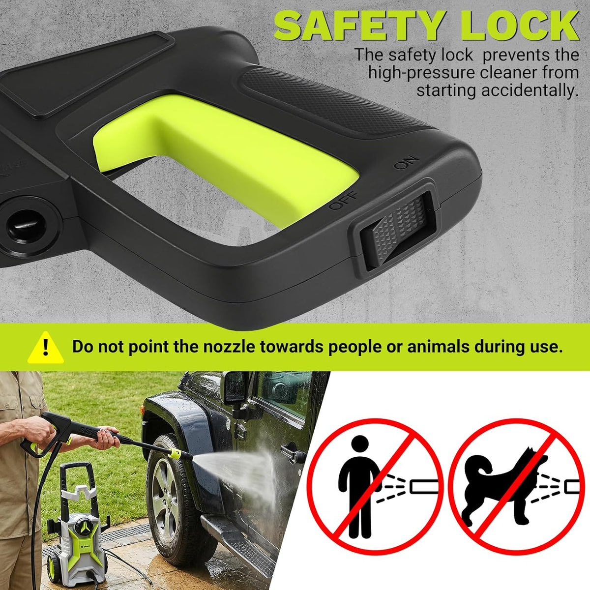 Black and neon yellow pressure washer safety lock handle shown close-up, with explanatory text about preventing accidental high-pressure startup, plus a lifestyle inset of a person using the washer on a vehicle and warning icons.