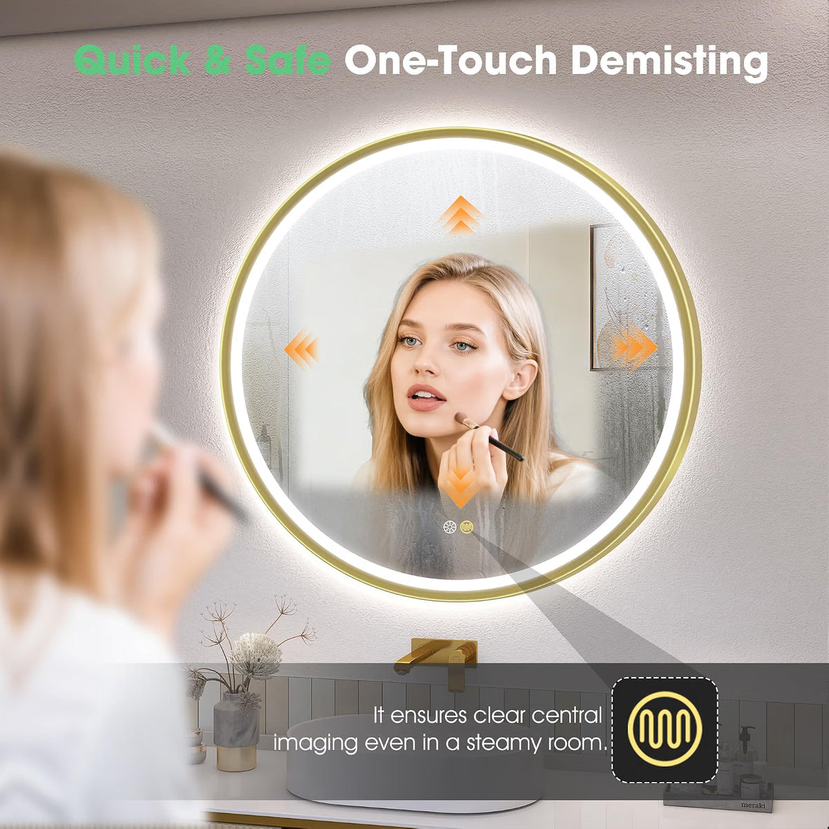 LED Bathroom Mirror 800mm Round Gold Dimmable Demister 3 Colour S'bagno