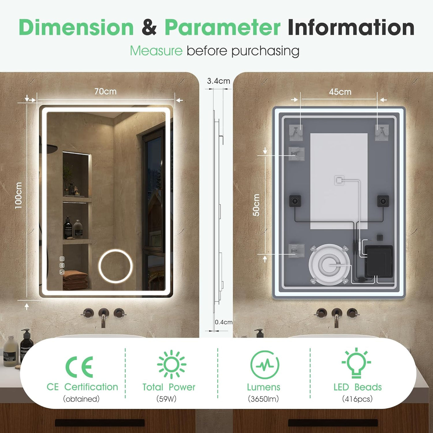 Bathroom mirror with dimensions and technical specifications displayed.