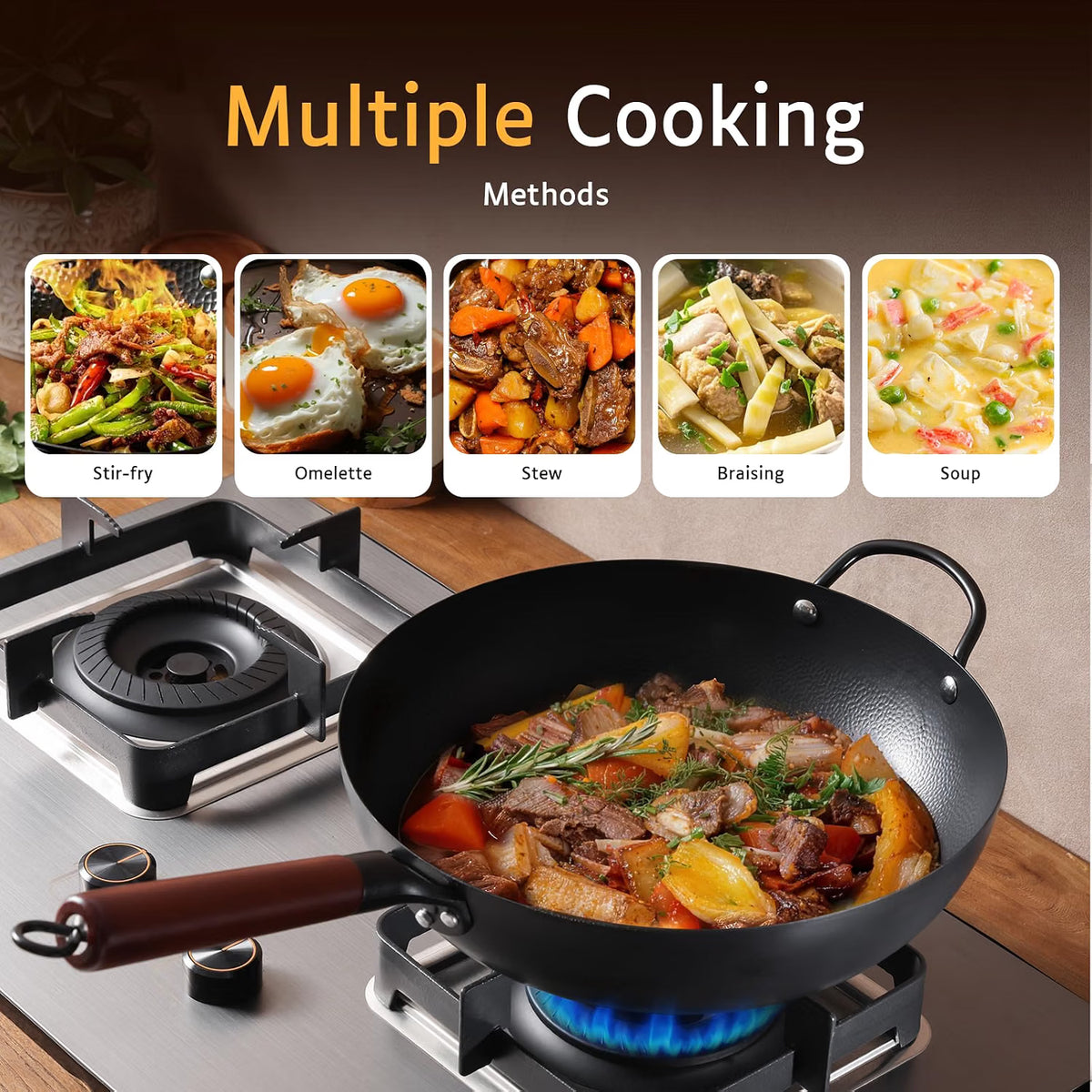 Carbon Steel Wok 32cm Pre Seasoned Uncoated Cooking Pan with Lid Kordisen Kitchen
