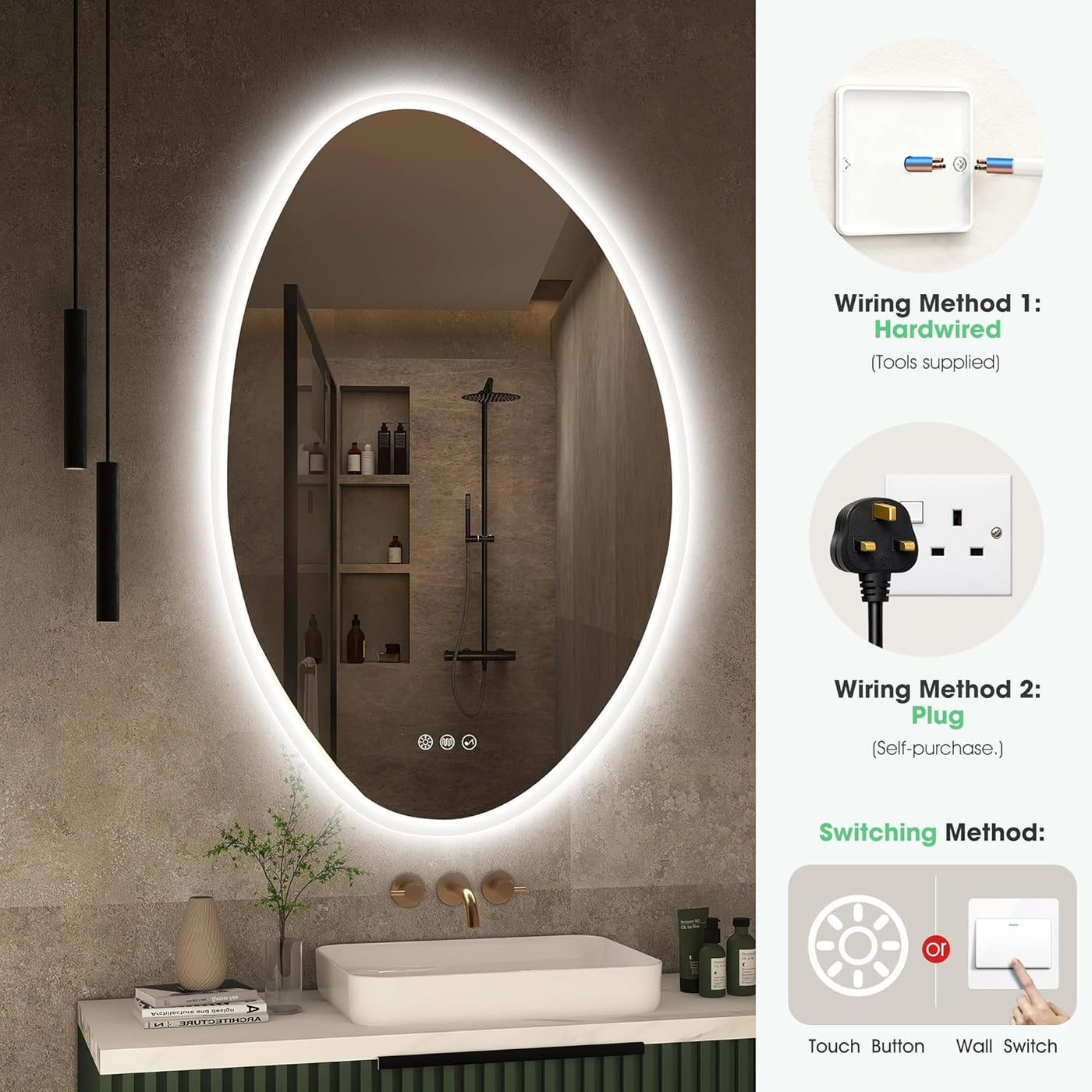 Bathroom setup with a large illuminated mirror, sink, and control panel for lighting.