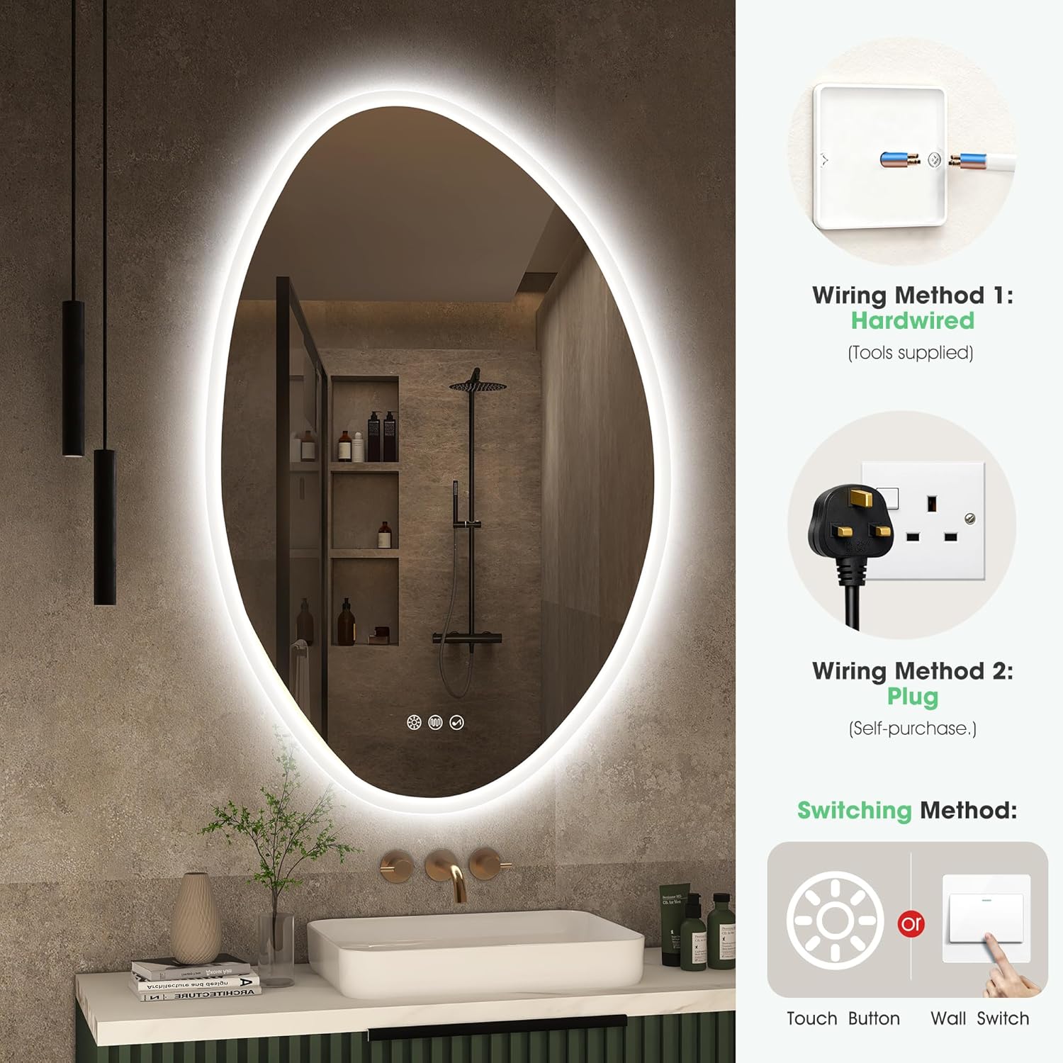 Bathroom setup with a large illuminated mirror, sink, and control panel for lighting.