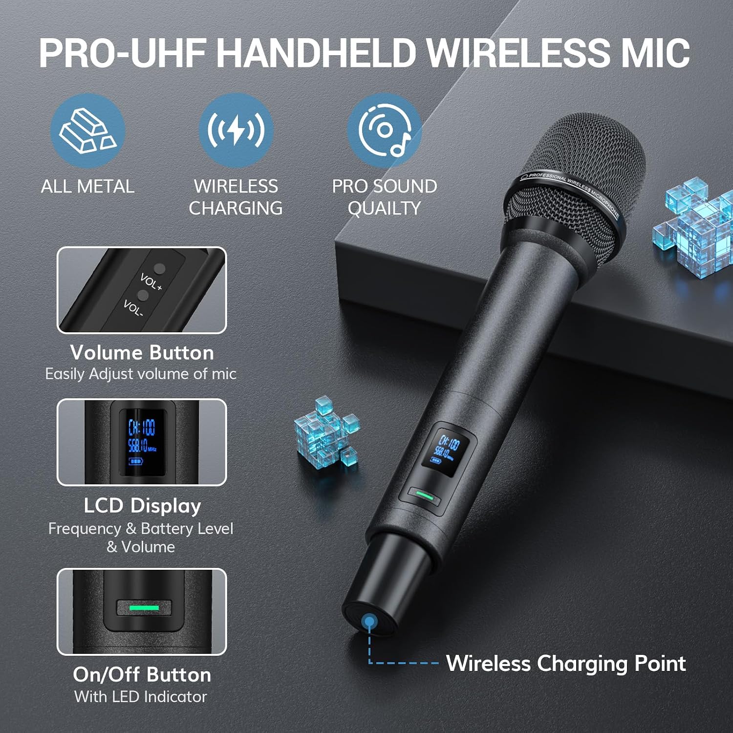 Wireless Microphone System UHF Rechargeable 80m Range Bluetooth TONOR Black