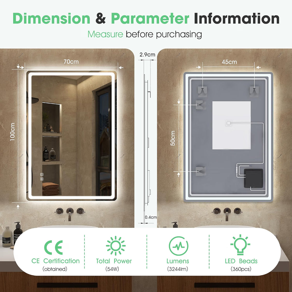 LED Bathroom Mirror 100x70cm Dimmable 3 Colour Demister IP44 S'bagno Frameless