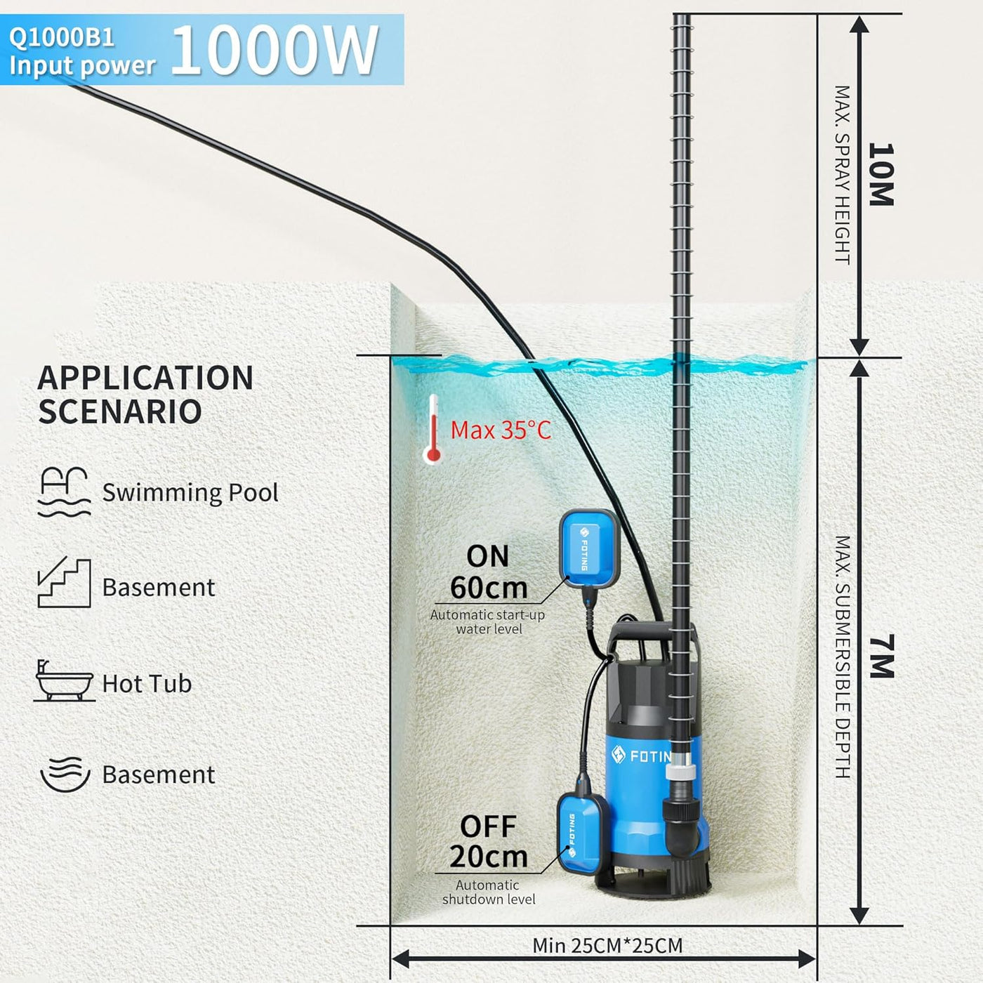 Submersible Water Pump 1000W 17600L/H Float Switch Sump Pump FOTING Electric