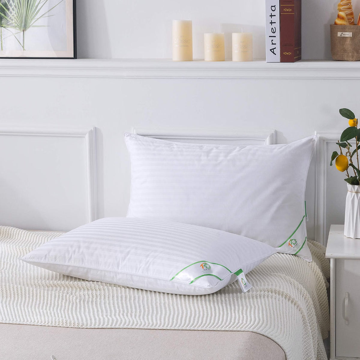 Goose Feather Down Pillows Pair Luxury 100% Cotton Cover Soft Bed Sleeping Pillow