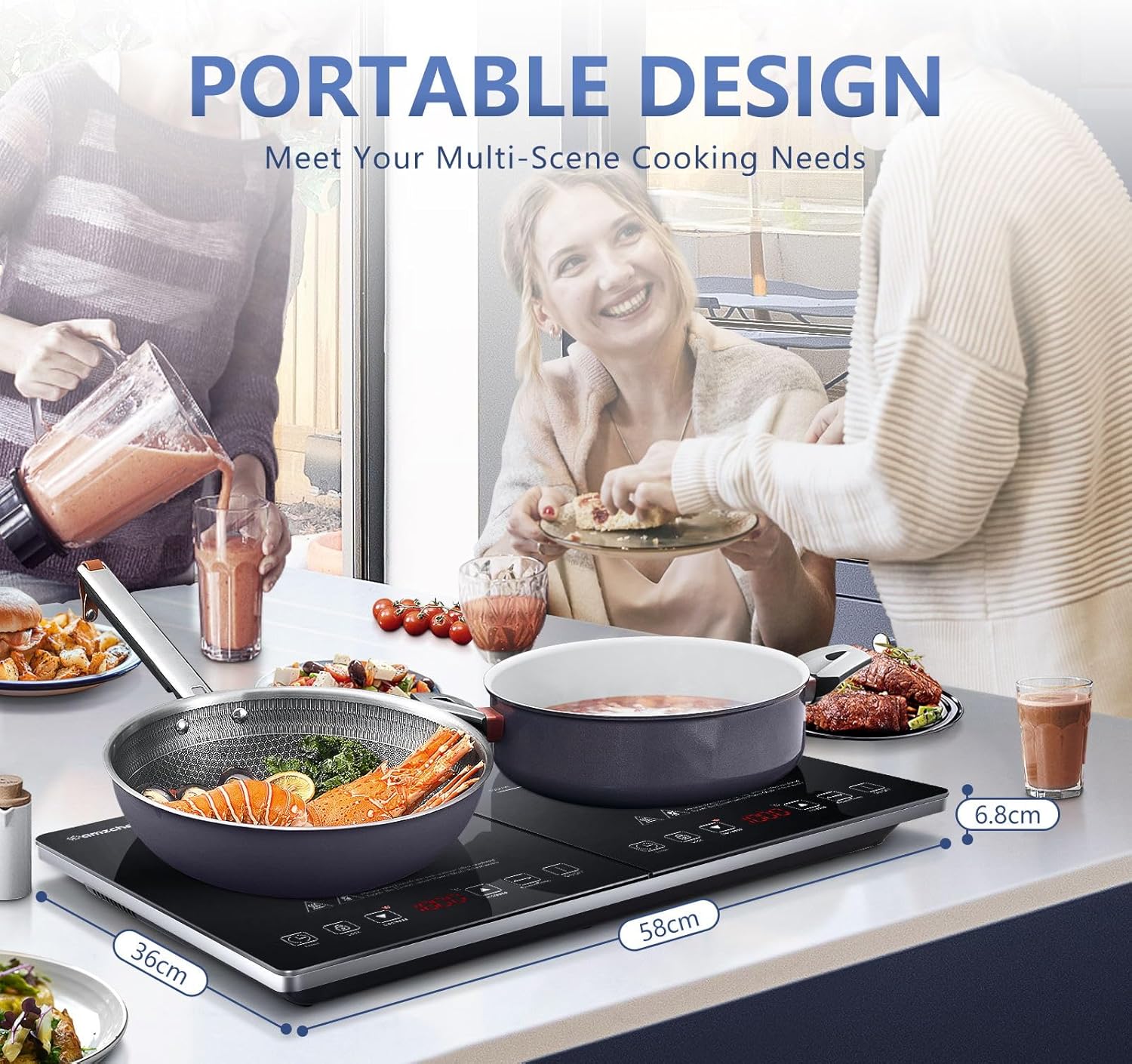 AMZCHEF Double Induction Hob Portable Cooker, 2800W 10 Temps, Timer, Safety Lock