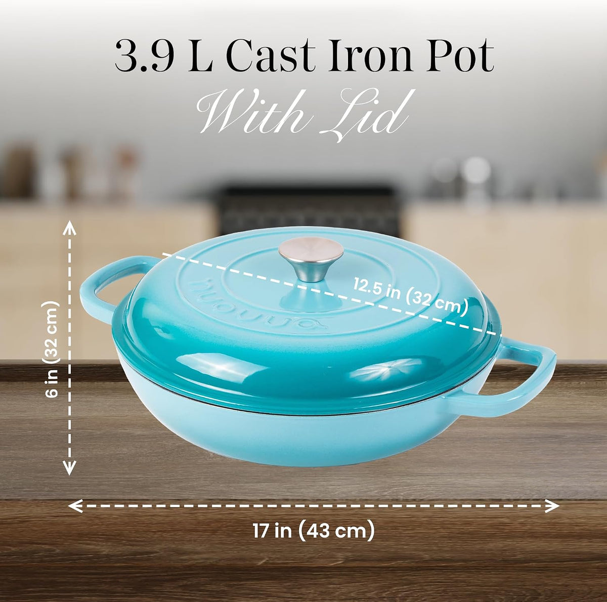 Cast Iron Casserole 4.7L 32cm Shallow Dutch Oven Enamelled Blue with Lid Nuovva