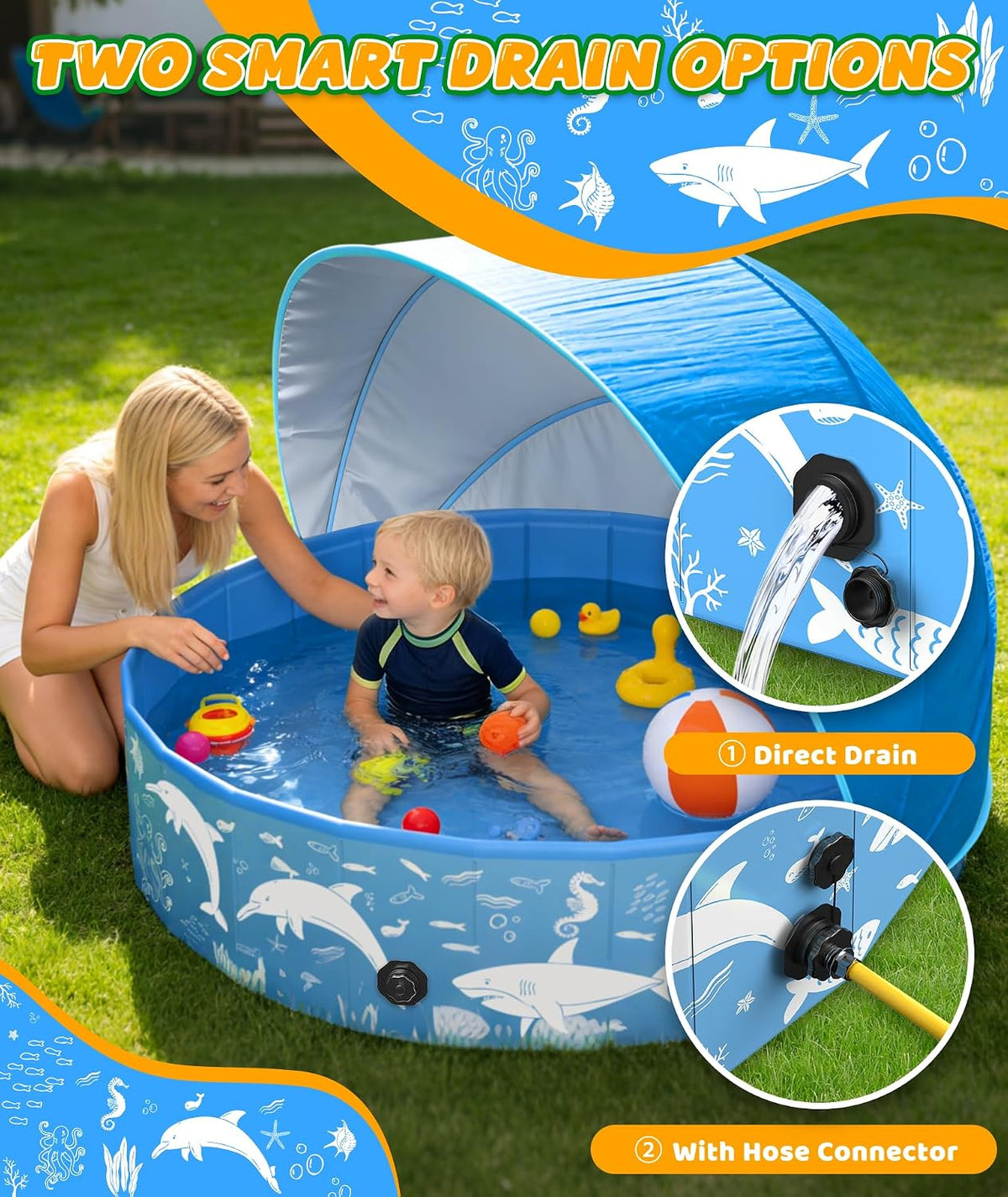 Foldable Dog Pool 140x30cm Canopy UV Sun Protection Outdoor Pet Paddling EPN