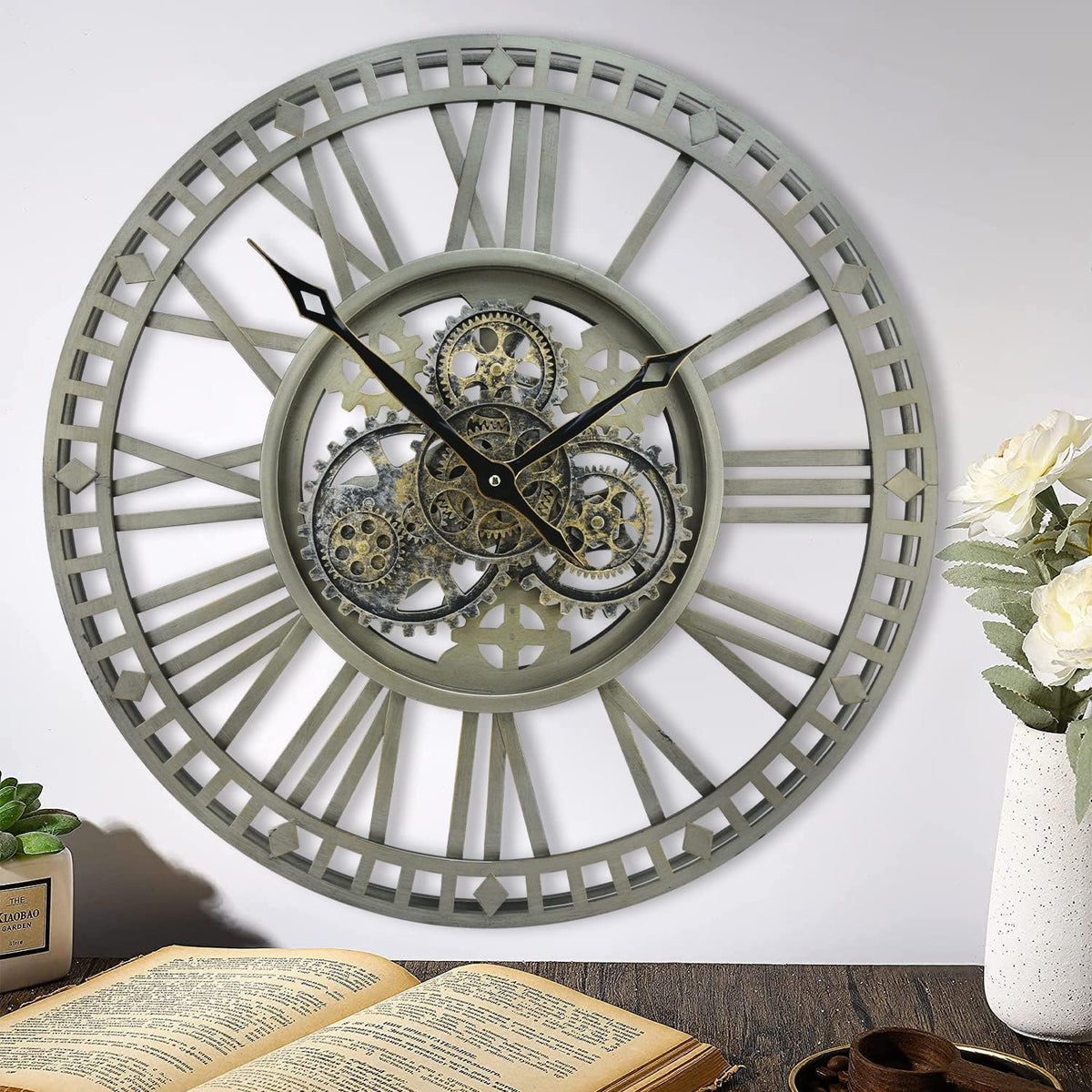 Large Wall Clock 60cm Vintage Bronze Real Moving Gears Industrial Home Decor