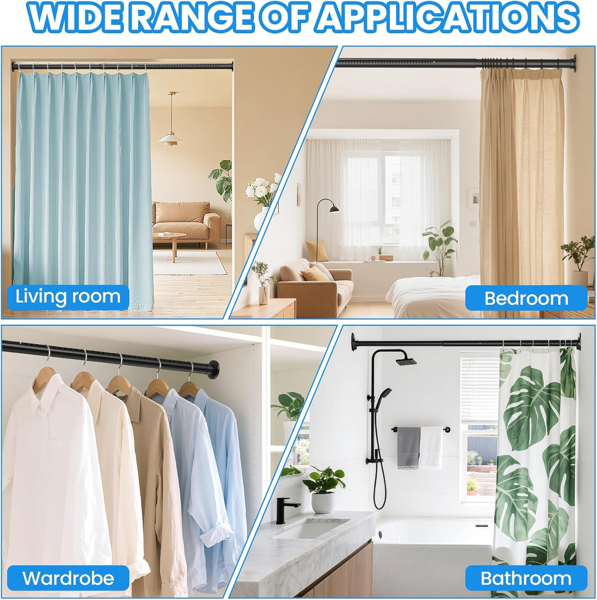 Tension Curtain Rod 98-330cm 32mm Extendable Black Pole 2 Wall Bases No Drill