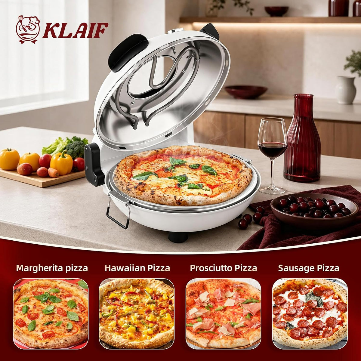 Electric Pizza Oven Indoor 12 Inch Ceramic Stone Countertop Cooker White KLAIF