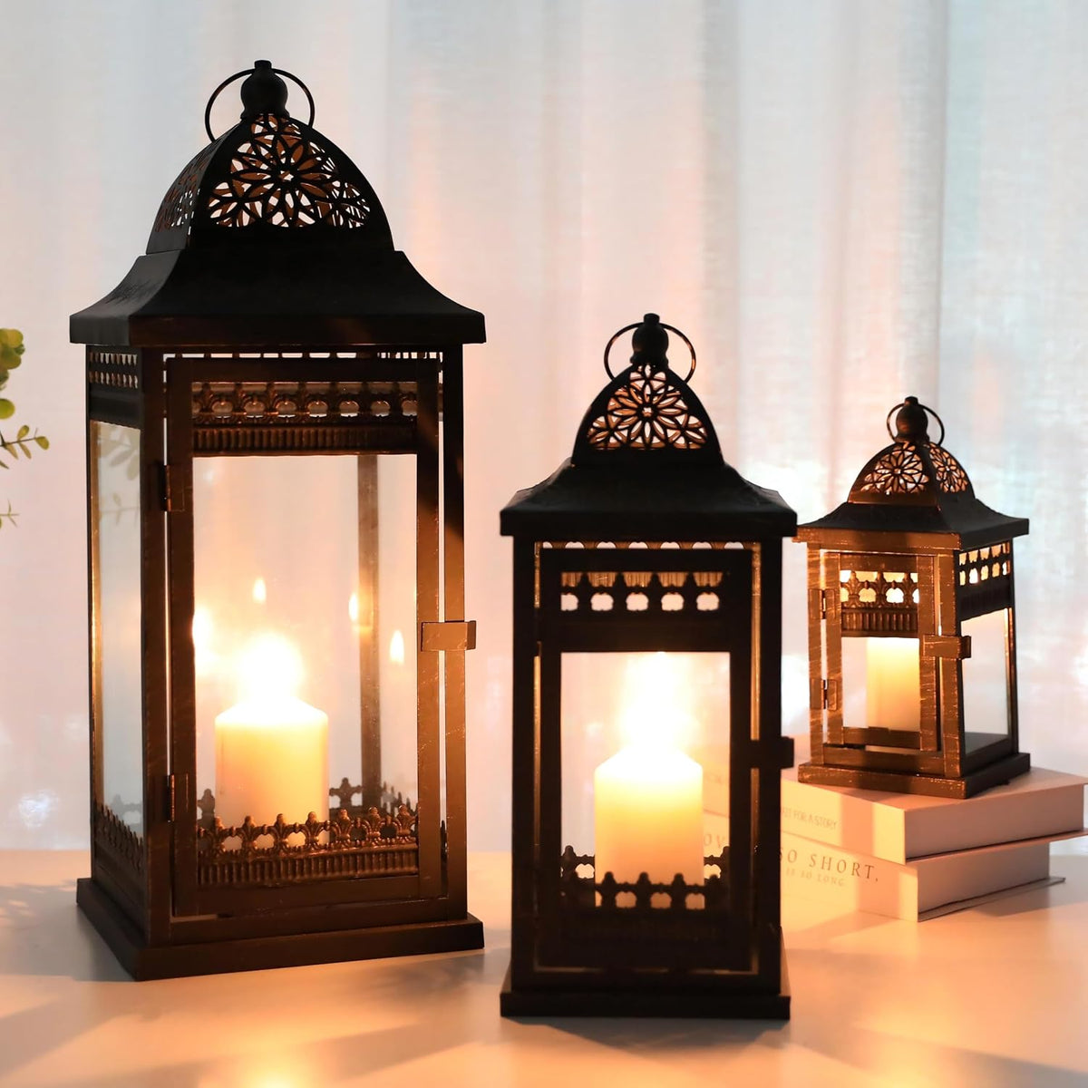 Candle Lanterns Set of 3 Vintage Black Gold Metal 51 37 24cm JHY DESIGN