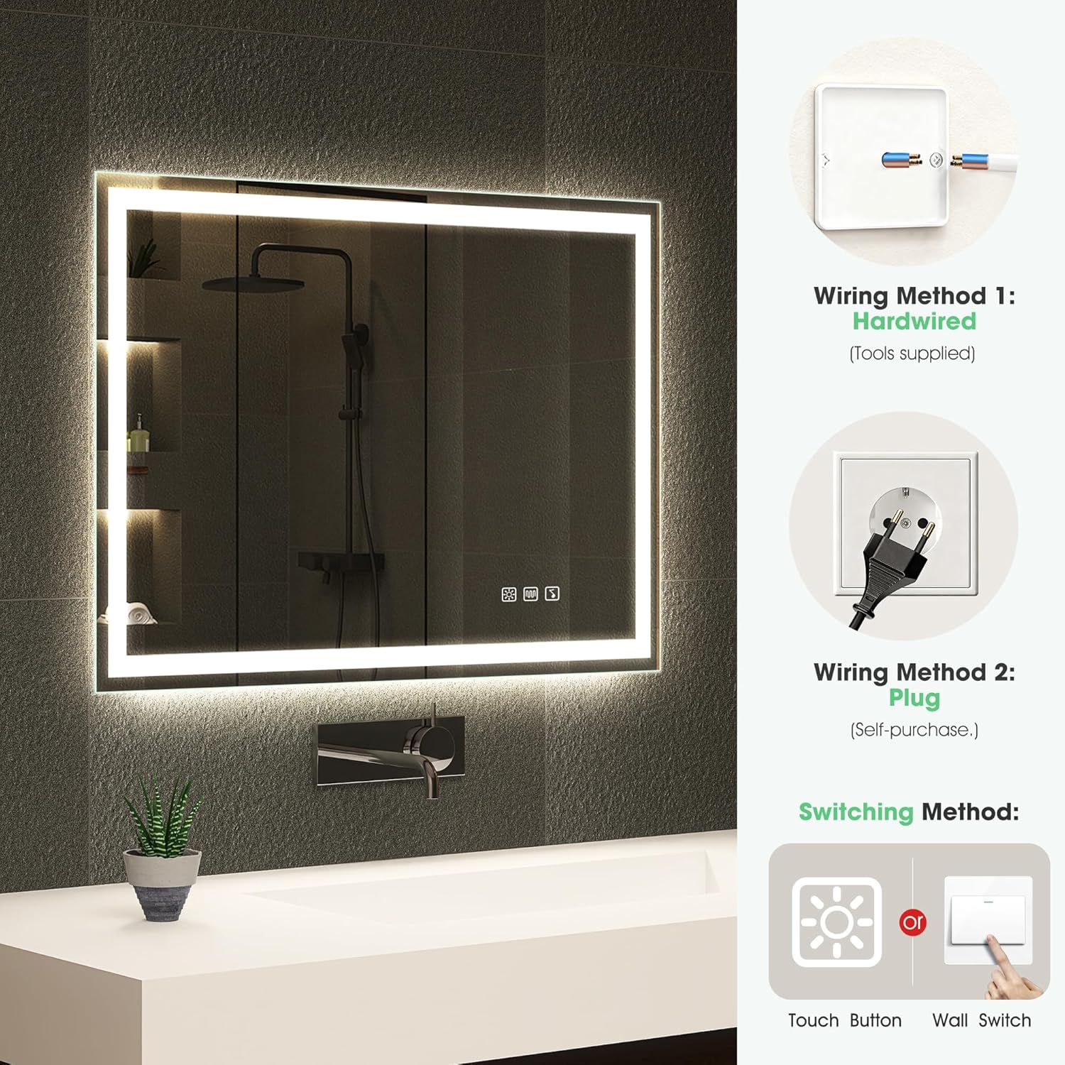 Bathroom mirror with LED lighting and control options on the right side.