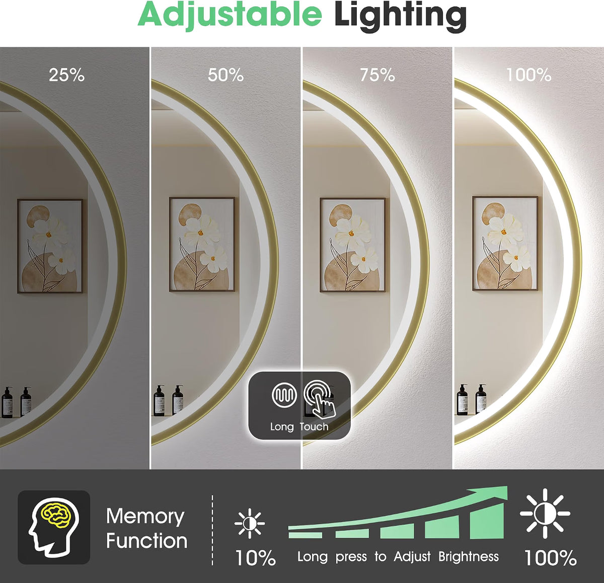 LED Bathroom Mirror 800mm Round Gold Dimmable Demister 3 Colour S'bagno