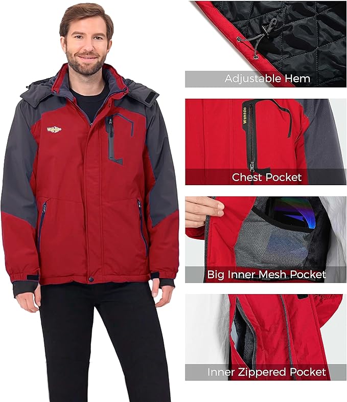 Wantdo Men's Waterproof Hooded Winter Mountain Ski Jacket Coat Red