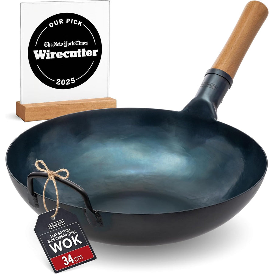 Carbon Steel Wok 34cm Pre Seasoned Flat Bottom Blue Stir Fry Pan YOSUKATA