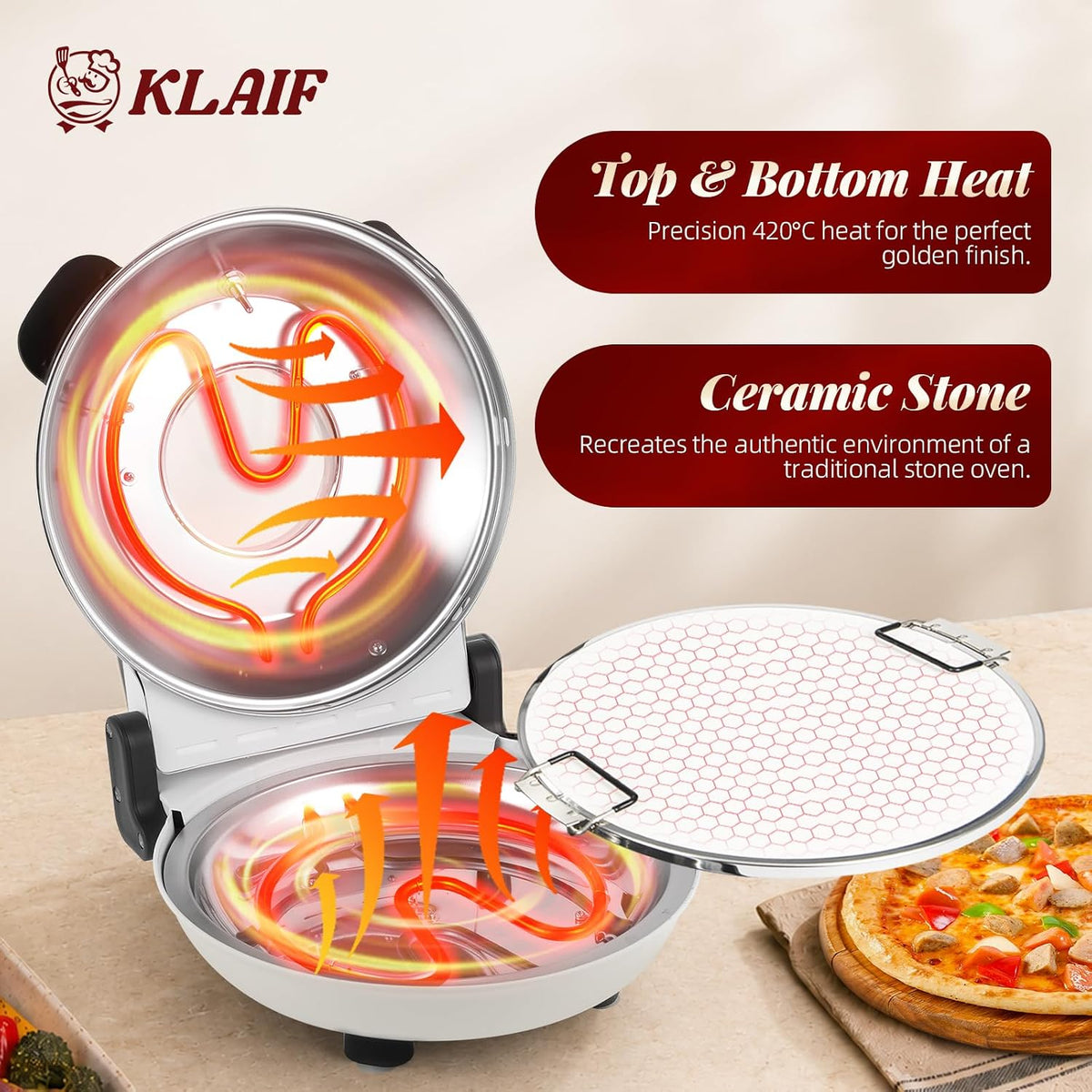 Electric Pizza Oven Indoor 12 Inch Ceramic Stone Countertop Cooker White KLAIF
