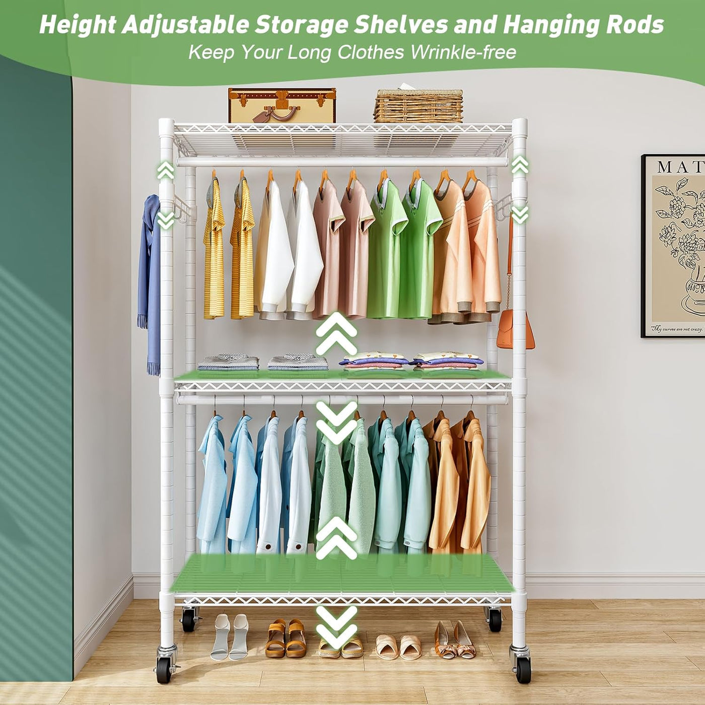 Clothing rack with adjustable shelves and hanging rods, displaying various clothes and shoes.