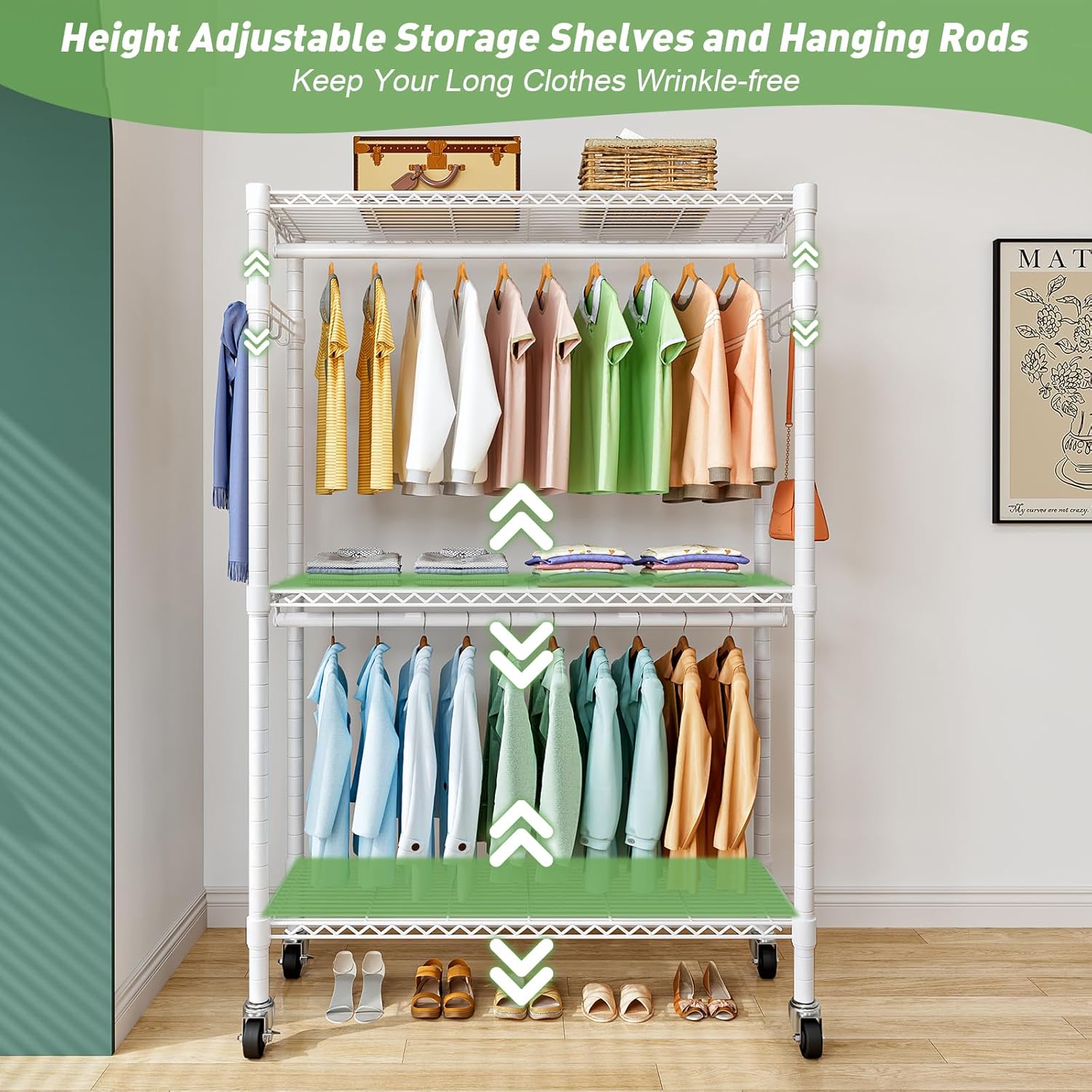 Clothing rack with adjustable shelves and hanging rods, displaying various clothes and shoes.