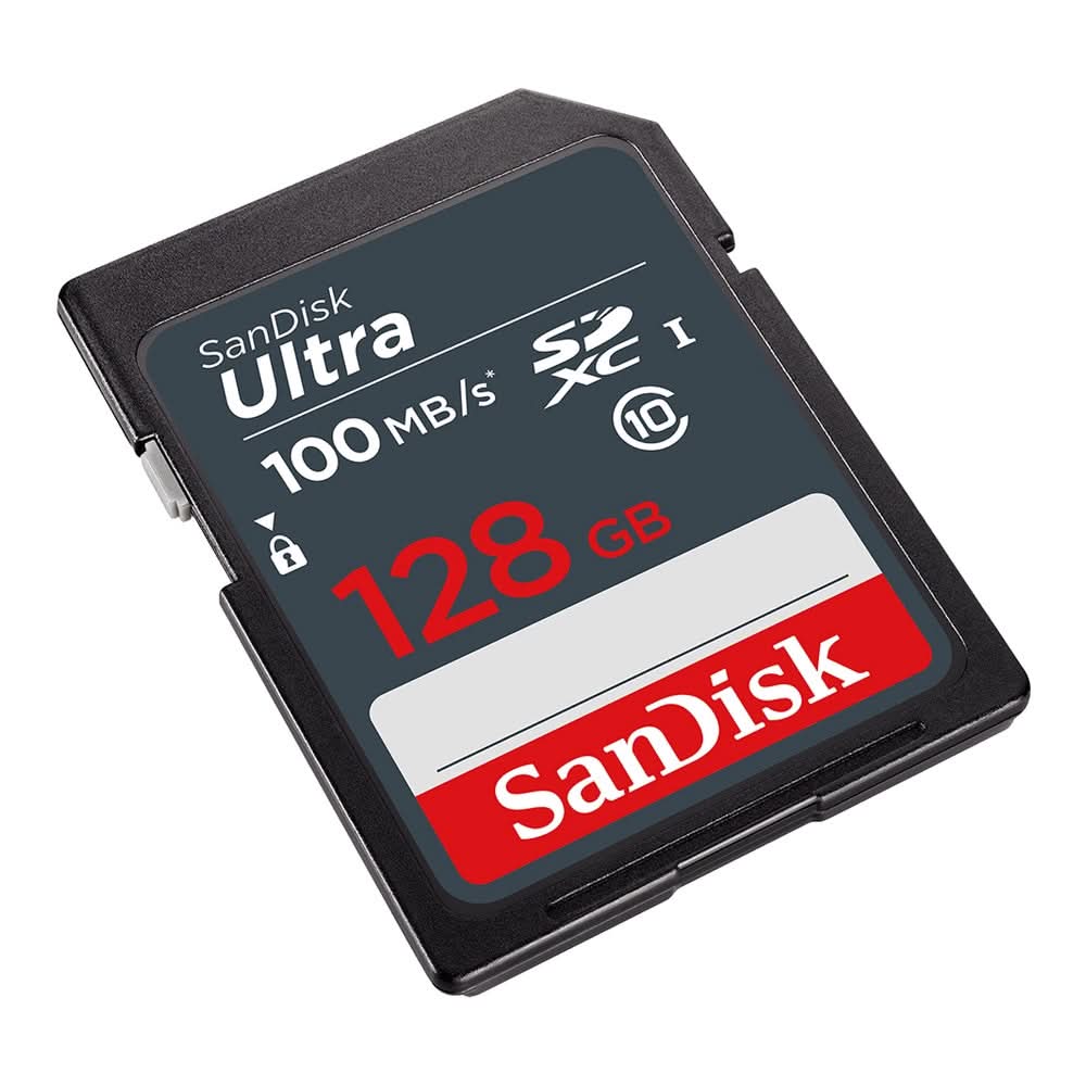 SanDisk Ultra 128GB SD card on a white background