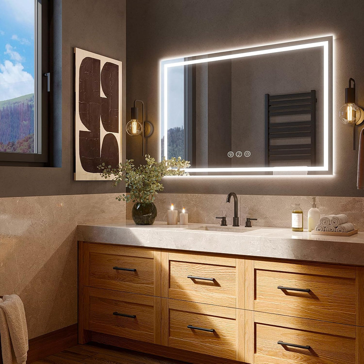 LED Bathroom Mirror 100x70cm Bluetooth Anti Fog Dimmable Frontlit Ratsamee