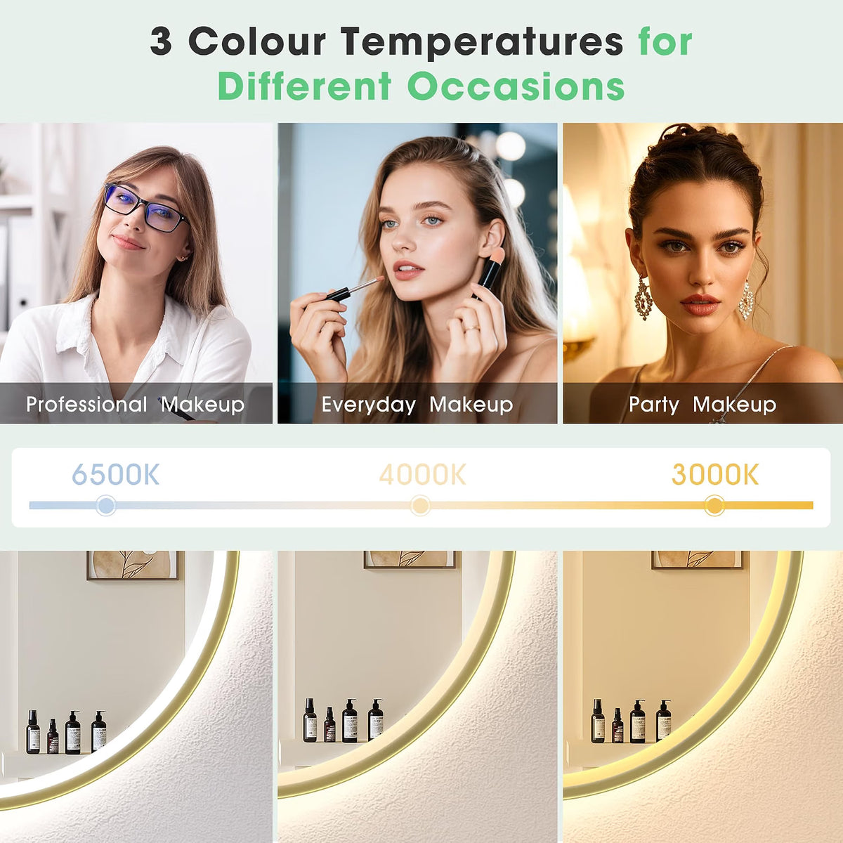 LED Bathroom Mirror 800mm Round Gold Dimmable Demister 3 Colour S'bagno
