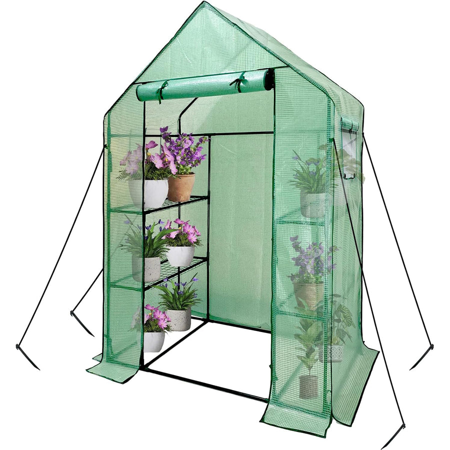 Spacious walk-in greenhouse with roll-up windows for ventilation. Six shelves, 17 lb capacity each. PE cover, rust-resistant frame, ropes for wind protection.