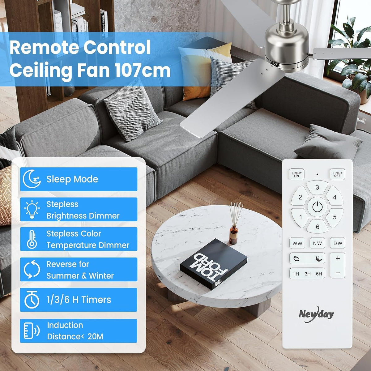 Ceiling Fan with Light 42 Inch Silver Wood Remote Dimmable DC Motor Newday