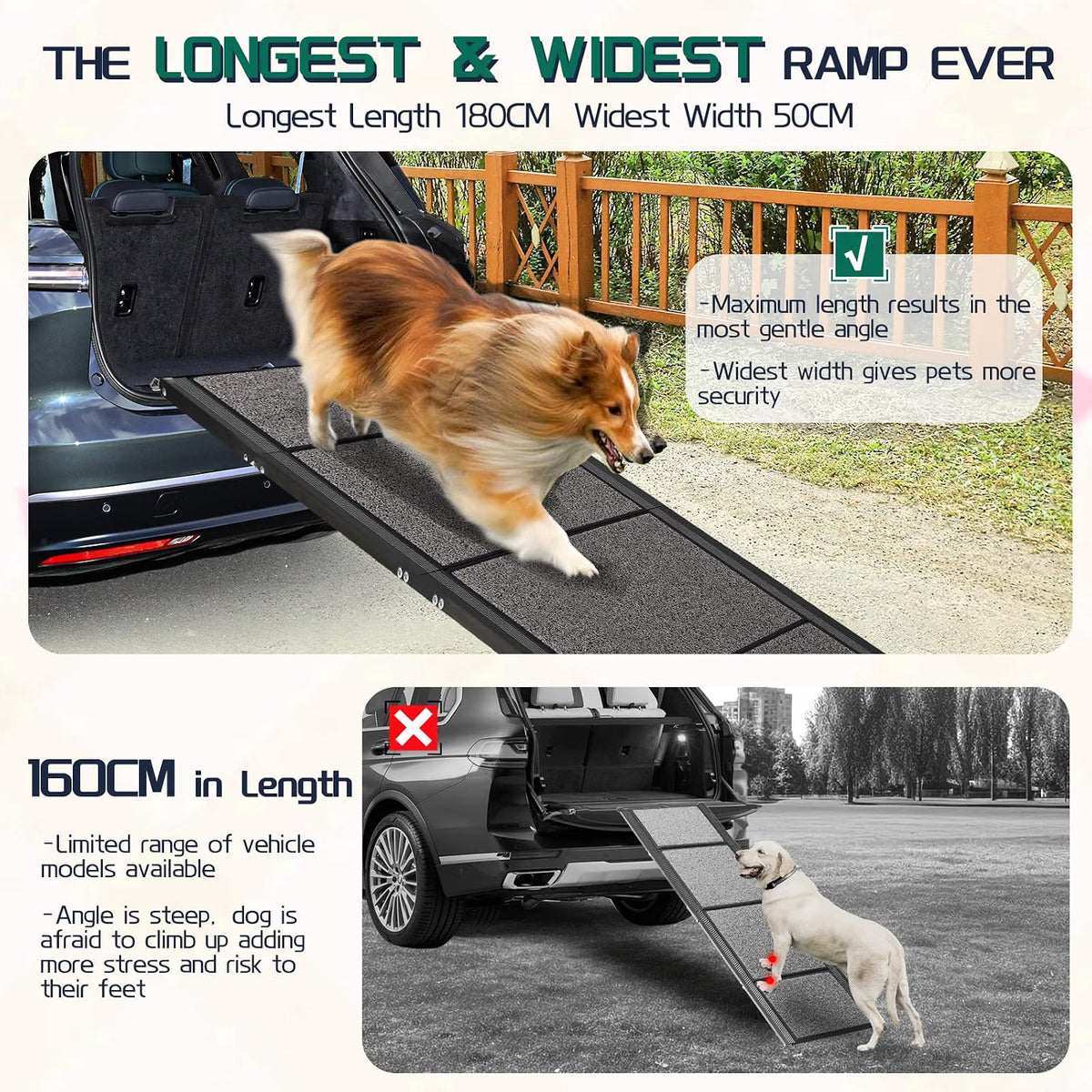 Dog Ramp 180x50cm Foldable Extra Wide Non Slip Car SUV Truck 150kg Large Dogs