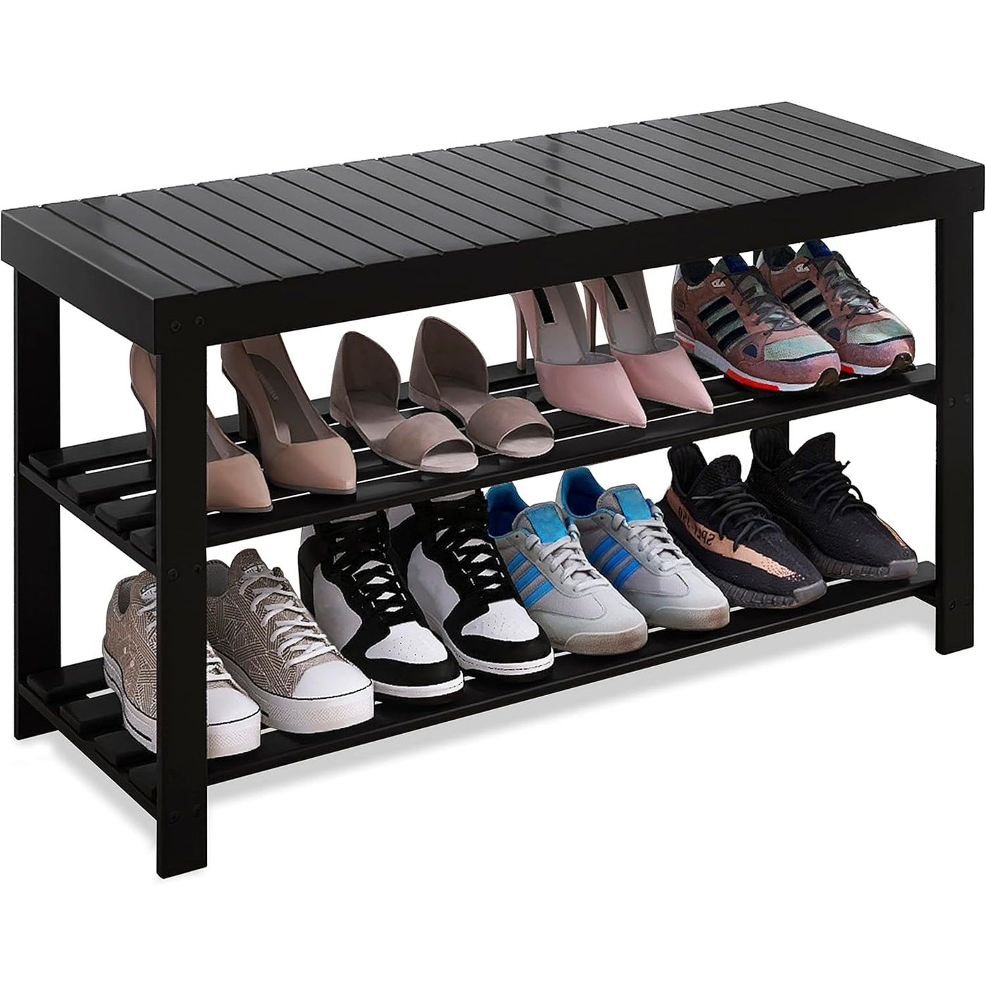 Black shoe rack with various shoes on a white background