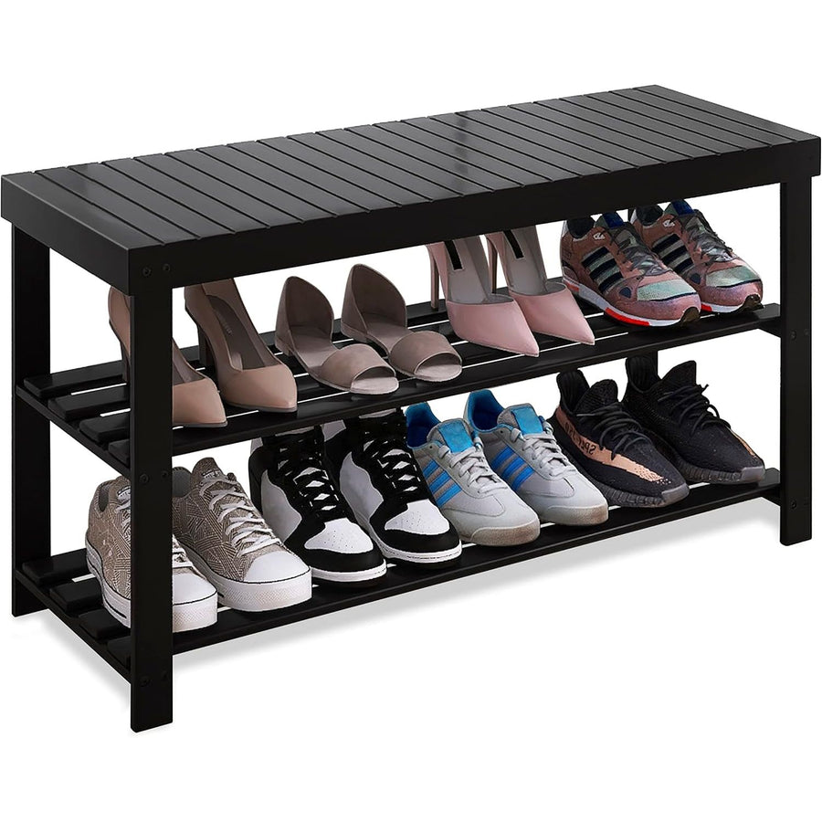 Black shoe rack with various shoes on a white background