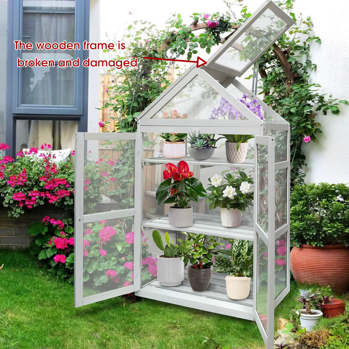 Wooden Greenhouse Cabinet 3 Tier Plant Stand Polycarbonate Panels Discoball Garden