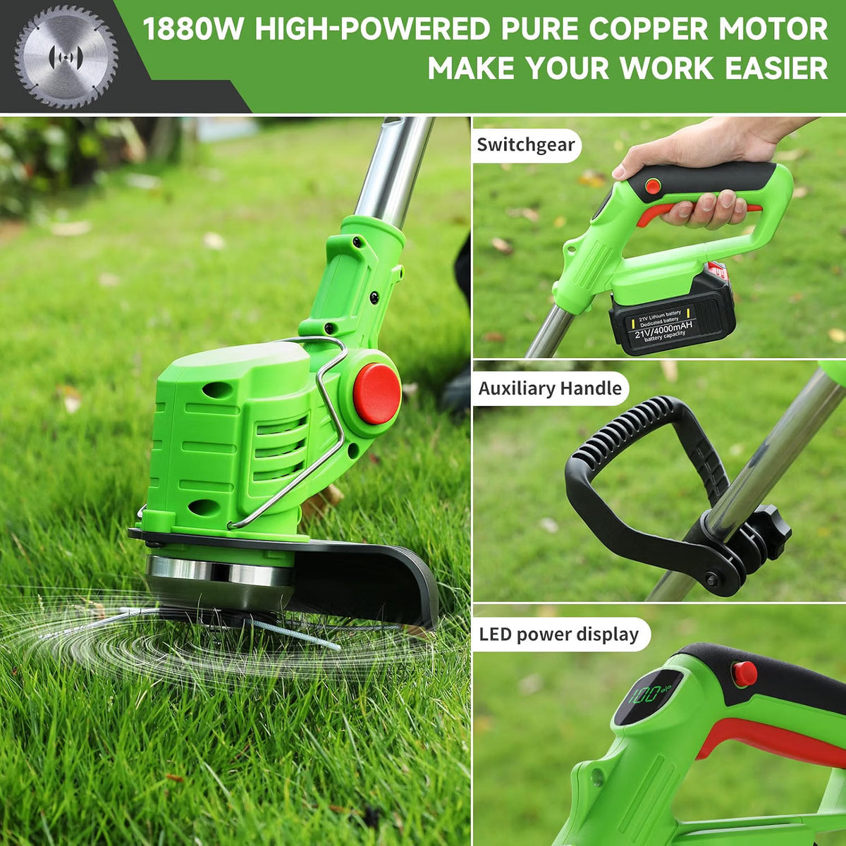 Cordless Strimmer 21V Grass Trimmer 2x2.0Ah Batteries Garden Edge Cutter Mower Kit