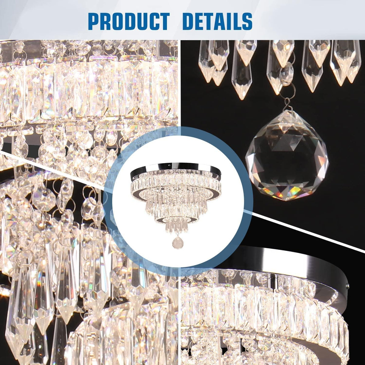 Crystal Chandelier 15.7 Inch Dimmable LED Ceiling Light Remote K9 Flush Mount