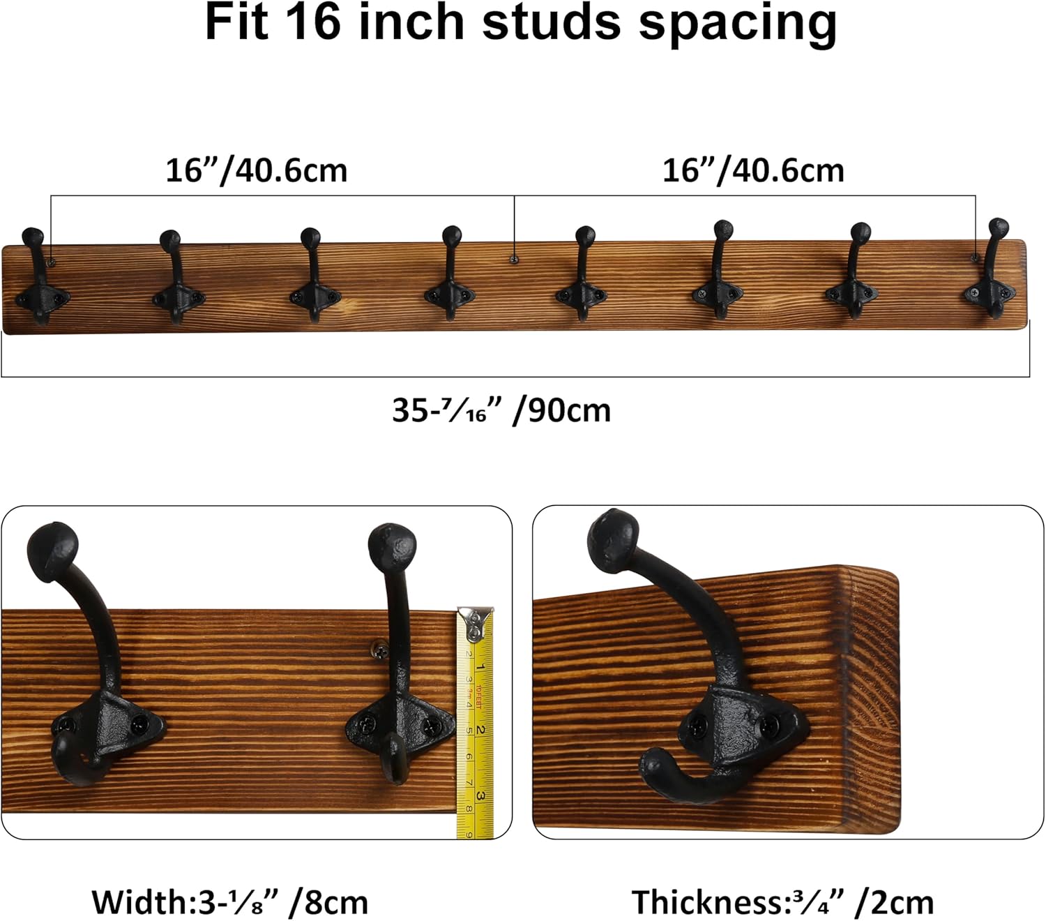 WEBI Rustic Wall-Mounted 90cm Coat Rack with 8 Heavy-Duty Cast Iron Hooks, Brown