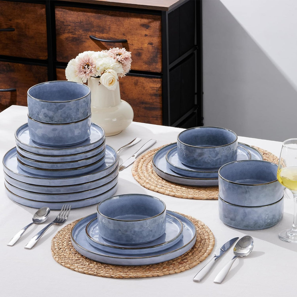 Stoneware Dinner Set 18 Piece Dinnerware Plates Bowls for 6 Gray Blue Herogo