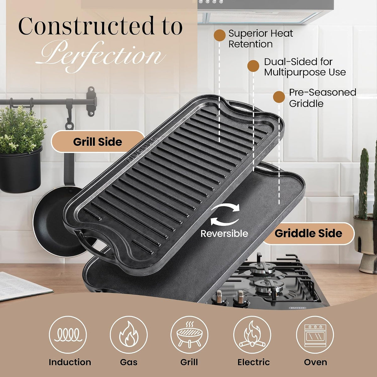 Cast Iron Griddle Pan 50x25cm Double Sided Pre Seasoned Gas Hob BBQ Grill nuovva