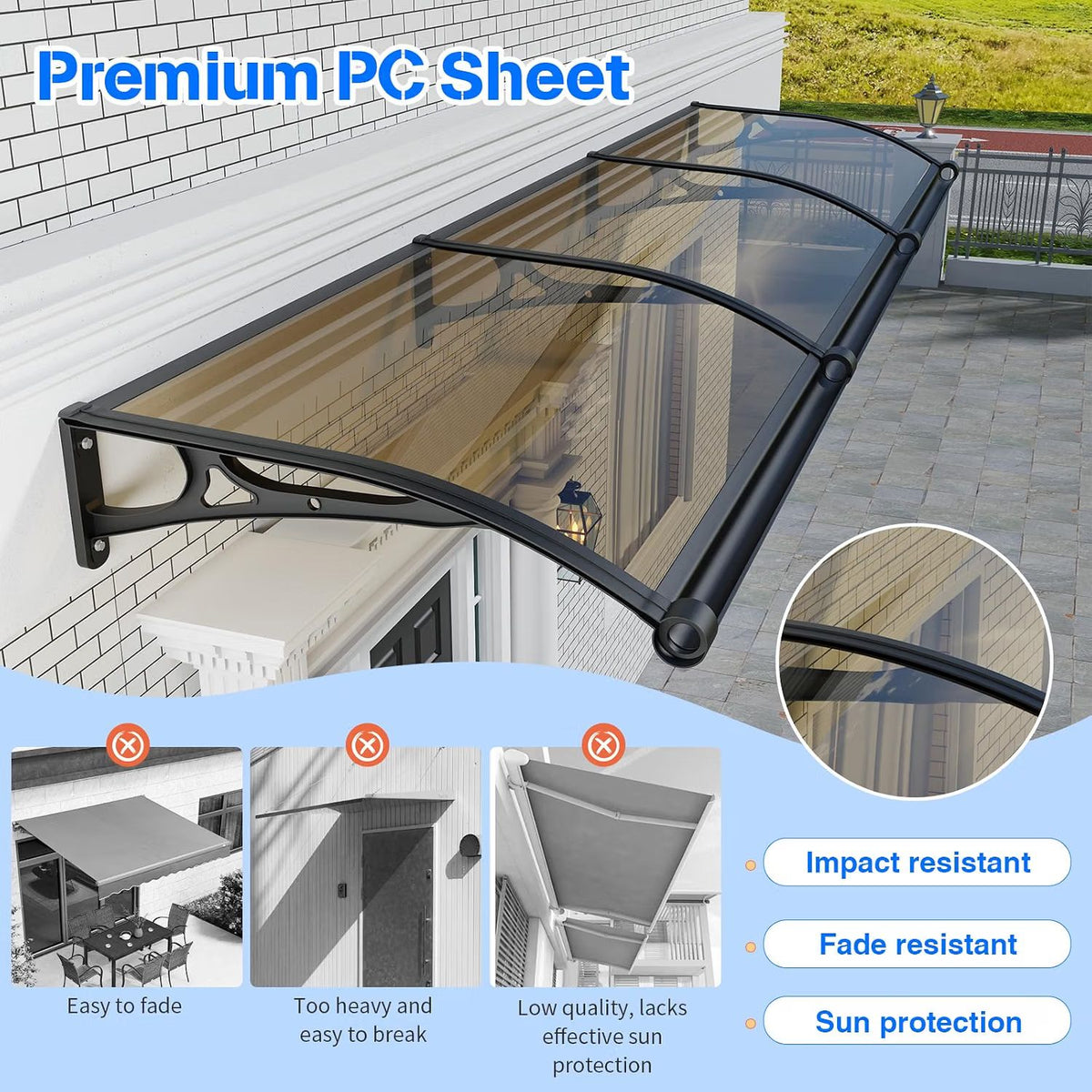Door Canopy Awning 100x100cm Polycarbonate Aluminium UV Rain Snow Protection