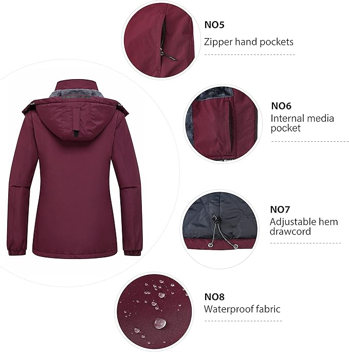 Wantdo Women's Waterproof Windproof Fleece Ski Jacket Coat Wine Red