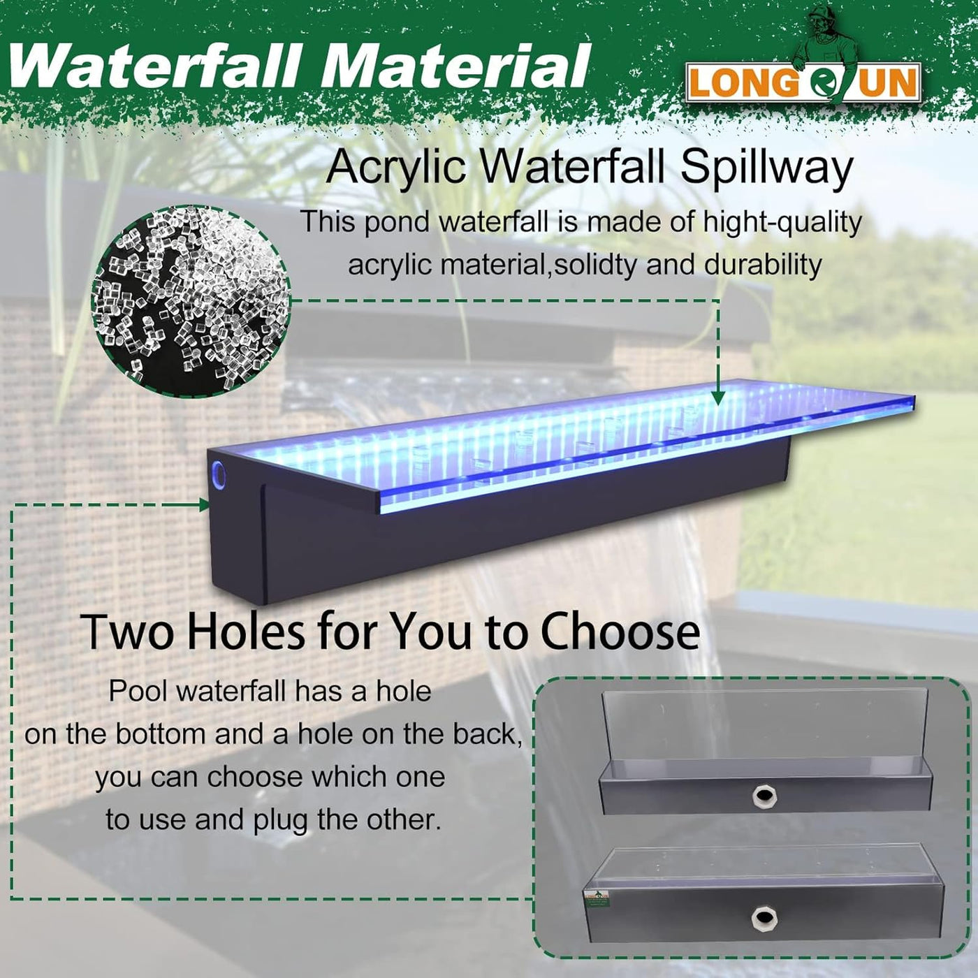 LONGRUN 60cm Acrylic Pool Fountain, Bluetooth Control, 7-Color LED Waterfall Kit