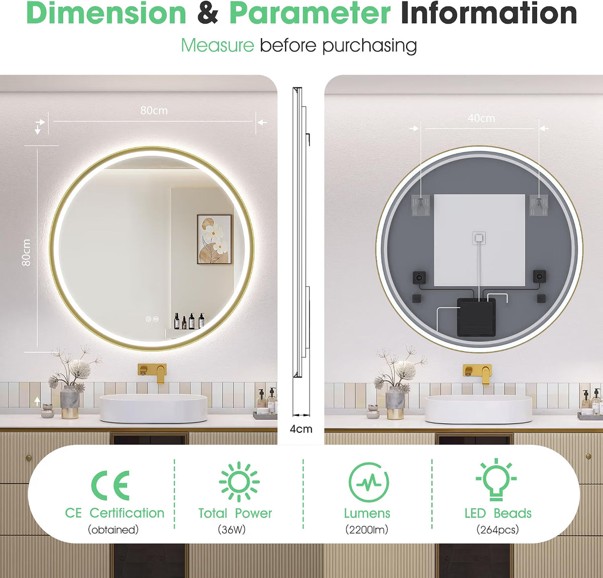 LED Bathroom Mirror 800mm Round Gold Dimmable Demister 3 Colour S'bagno