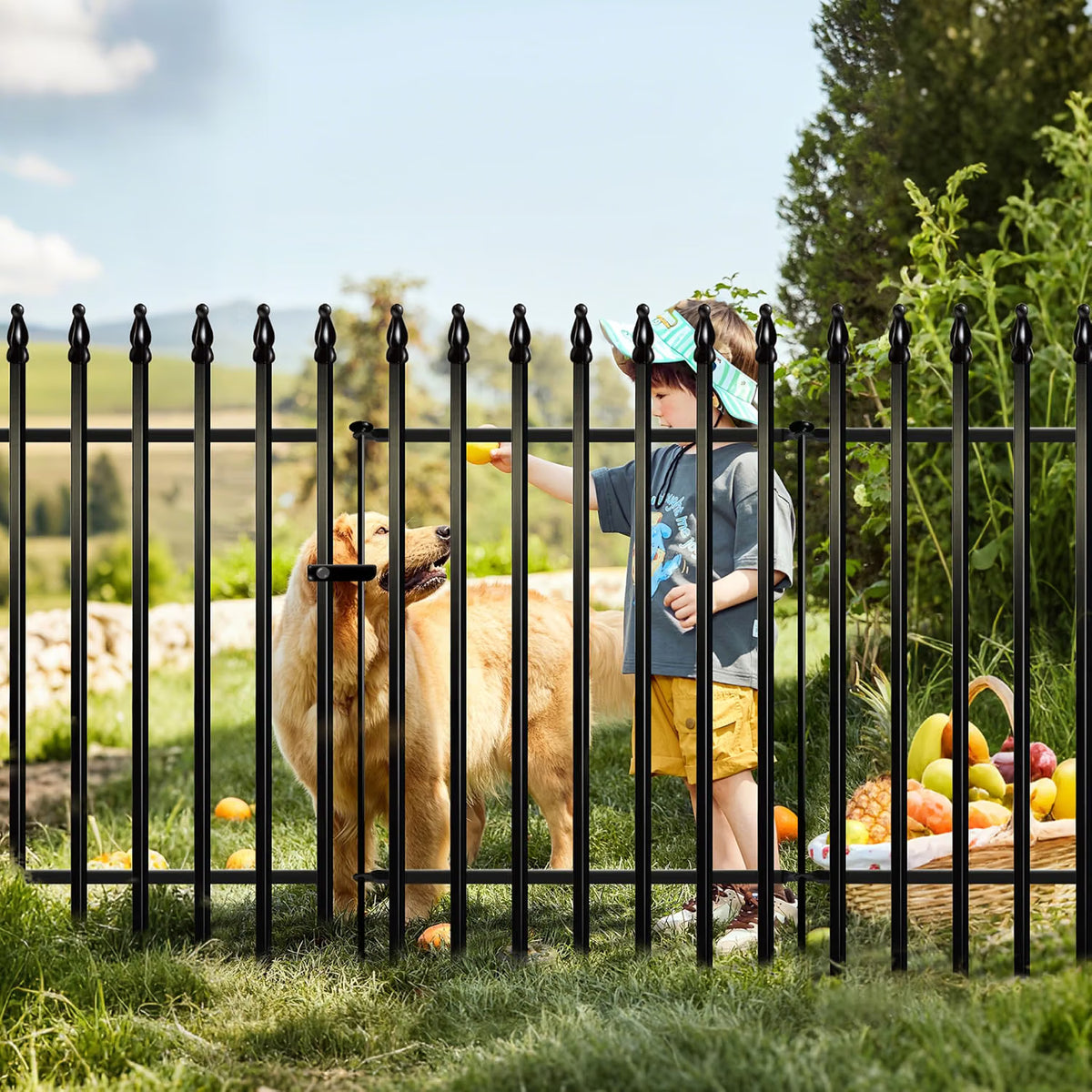 Metal Garden Fence 106cm Decorative 4 Panels 1 Gate Outdoor Animal Barrier Black