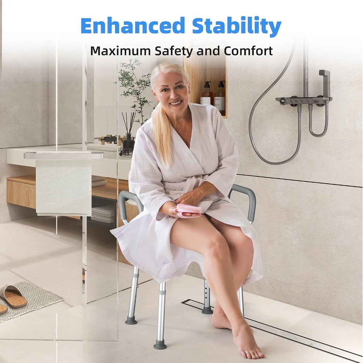 Shower Chair U Shaped Adjustable Height Back Arms Anti Slip Padded Bath Seat