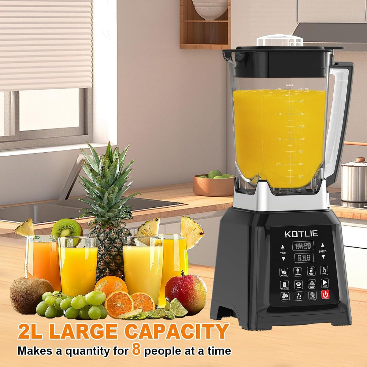 Blender Smoothie Maker 2000W 2L High Speed 8 Presets Ice Crusher Auto Clean Timer
