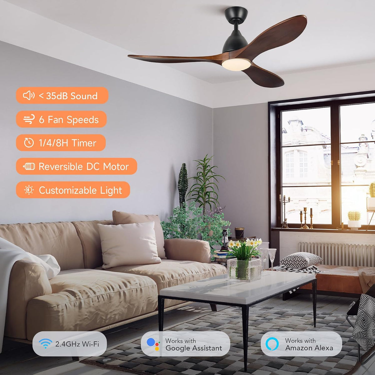 Ceiling Fan with Light 52 Inch Smart Alexa Google App Remote Walnut VONLUCE